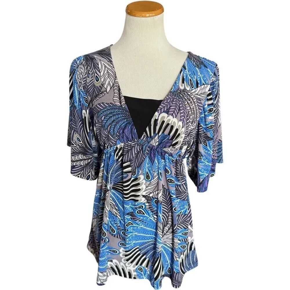 Womens New Directions V Neck Peacock Print Blouse Top - Sz L